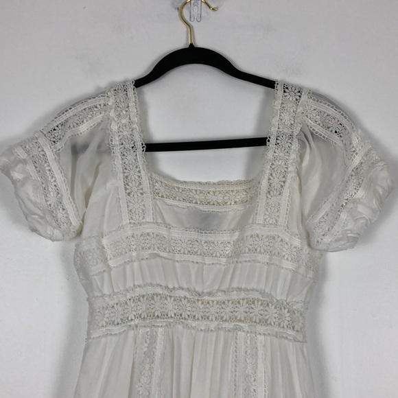 Vintage white short puff sleeve crochet lace square neck mini dress 8 - Picture 5 of 9